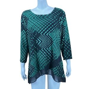 Roz & Ali Top Womens 2X Green Black Asymmetric Hem 3/4 Sleeve Artsy Stretch Work